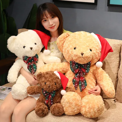 Christmas Cute Bear Plush Toy Stuffed Animal Teddy Bear With Scarf And Hat Holiday Party Decoration Gift