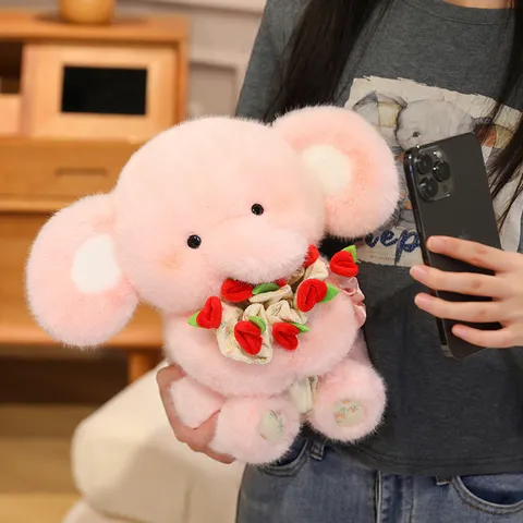 Mignon Éléphant Peluche Jouet Animal Farcit Tenant Bouquet de Roses Cadeau de Saint-Valentin Poupée Douce Décoration Maison
