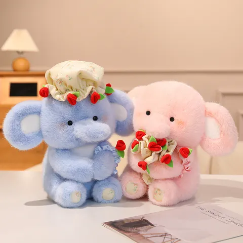 Mignon Éléphant Peluche Jouet Animal Farcit Tenant Bouquet de Roses Cadeau de Saint-Valentin Poupée Douce Décoration Maison