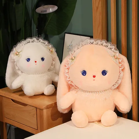 Cute Plush Rabbit Toy Stuffed Bunny Doll Soft Pillow With Lace Hat And Pearl Collar For Girls Bedroom Decor