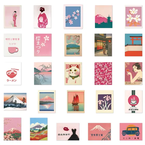 Adesivi Estetici Retro Giapponesi Rosa PVC Decalcomanie Impermeabili Illustrazioni d'Arte per Custodia Telefono Diario Scrapbook DIY