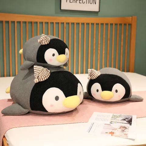 Mignon Jouet en Peluche de Manchot Bonnet de Nuit Manchot Couché Oreiller Doux Poupée d'Animal en Peluche Cadeau Compagnon pour Enfants