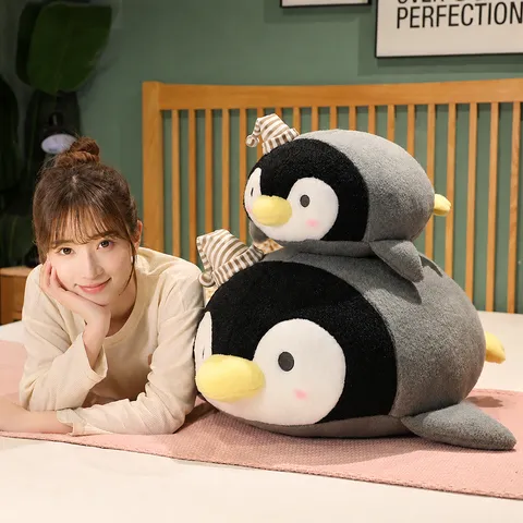 Mignon Jouet en Peluche de Manchot Bonnet de Nuit Manchot Couché Oreiller Doux Poupée d'Animal en Peluche Cadeau Compagnon pour Enfants