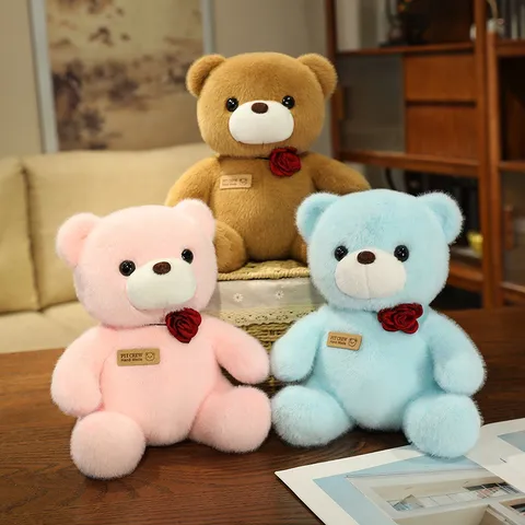 Lindo Oso de Peluche Sentido Juguete de Peluche Animal Relleno Muñeca Con Rosa Collar Pazo Regalo de San Valentín Para Niñas