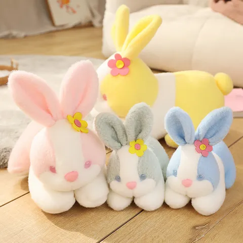 Cute Stuffed Rabbit Plush Toy Soft Lying Bunny Doll With Flower Decor Cute Animal Companion Plushie For Kids Gift