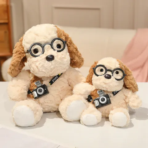 Cute Puppy Plush Toy Stuffed Animal Camera Dog Doll Soft Toy with Glasses and Camera Pendant Kids Gift