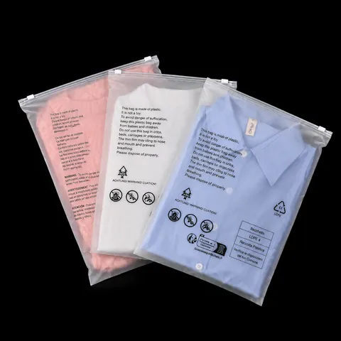 Thickened PE Plastic Zipper Storage Bags Transparent Frosted Clothing Packaging Bags With Warning Text