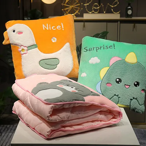 Cartoon Animal Plush Pillow Quilt Two in One Folding Blanket Cute Stuffed Doll Cushion For Office Car Home Travel Use