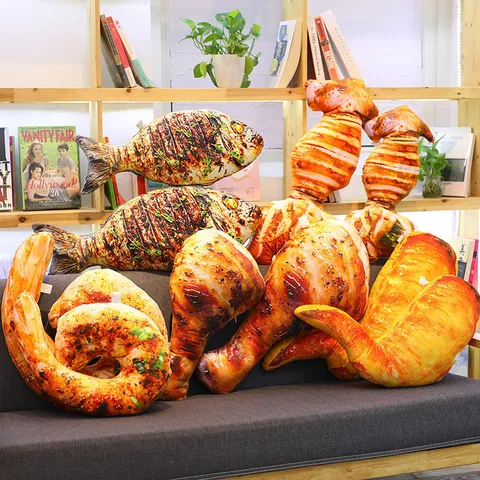 Novelty Simulated Food Plush Pillow Grilled Fish Chicken Leg Shrimp Stuffed Toy Funny Home Decor Sofa Cushion Birthday Gift