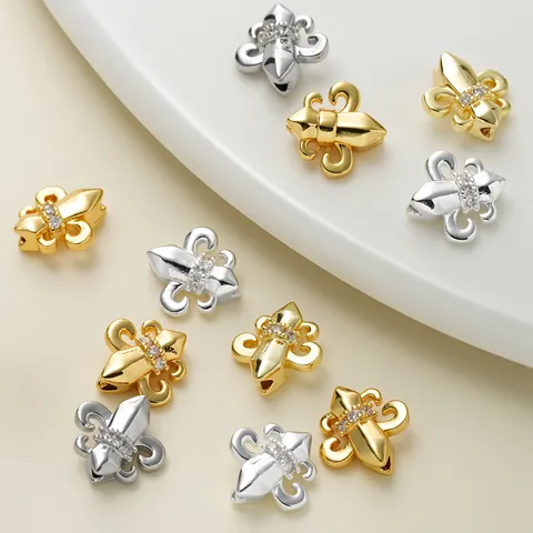 Koper Verguld Franse Lelie Grote Gat Kralen Zirconia Ingelegde Tussenkralen Voor DIY Sieraden Maken Armband Ketting Kralen Accessori