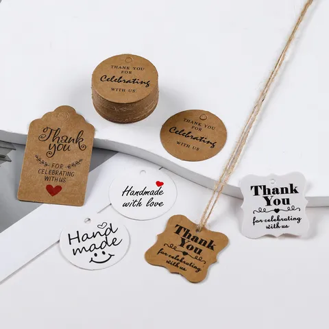 Etiquetas de Regalo de Papel Kraft Multiforma Cartulina Blanca DIY Decoración de Fiesta Etiquetas Con Cuerda de Yute Gracias Hecho a Mano