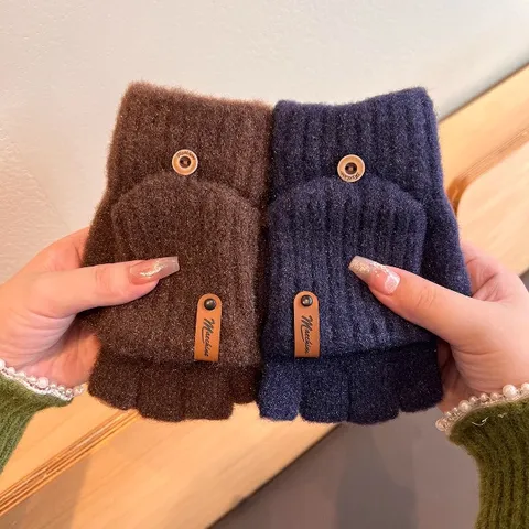 Men's Women's Winter Warm Acrylic Knit Gloves Solid Color Vertical Striped Flip Half-Finger Gloves Cold-Weather Gear