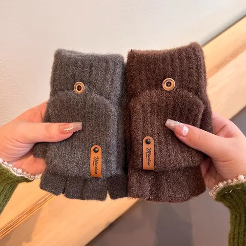 Men's Women's Winter Warm Acrylic Knit Gloves Solid Color Vertical Striped Flip Half-Finger Gloves Cold-Weather Gear