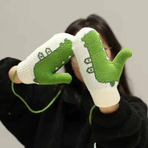 Cute Crocodile Knitted Winter Gloves Fleece Lined Warm Mittens With Anti Lost Lanyard For Men And Women