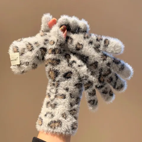 Gants Tricotés en Peluche avec Imprimé Léopard Chauds d'Hiver pour Femmes