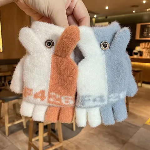 Gants en Tricot Chauds à Écran Tactile Convertible Dessin Animé Hiver Mignon pour Femmes Gants d'Écriture Étudiants Épais