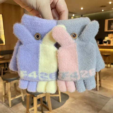 Gants en Tricot Chauds à Écran Tactile Convertible Dessin Animé Hiver Mignon pour Femmes Gants d'Écriture Étudiants Épais