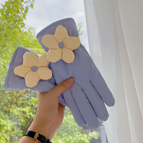 Women Winter Thickened Warm Down Gloves Waterproof Windproof Touch Screen Cute 3D Floral Fleece Lined Cold Weather Gloves