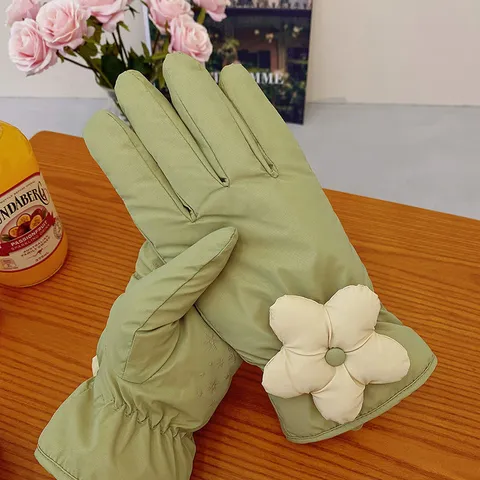 Women Winter Thickened Warm Down Gloves Waterproof Windproof Touch Screen Cute 3D Floral Fleece Lined Cold Weather Gloves
