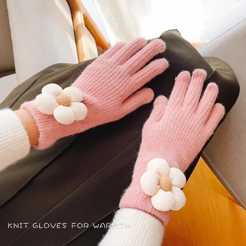 Gants Tricotés Tactiles d'Hiver pour Femmes Mignon Tournesol Chaud Épaissis Thermiques Mitaines Quotidien Extérieur Froid Gants