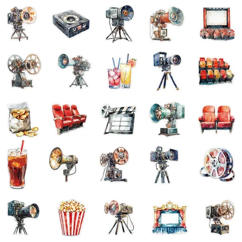 Movie Projector Stickers Waterproof PET Decals Vintage Retro Style Stationery For Phone Case Water Bottle DIY Craft