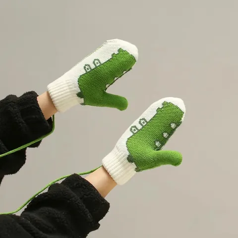 Cute Crocodile Knitted Winter Gloves Fleece Lined Warm Mittens With Anti Lost Lanyard For Men And Women