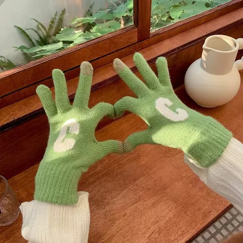 Gants Tricotés Chauds d'Hiver pour Femmes Couleur Bonbon Lettre C Mignon Étudiant Épaissi Plein Doigt Écran Tactile Polyester Gants