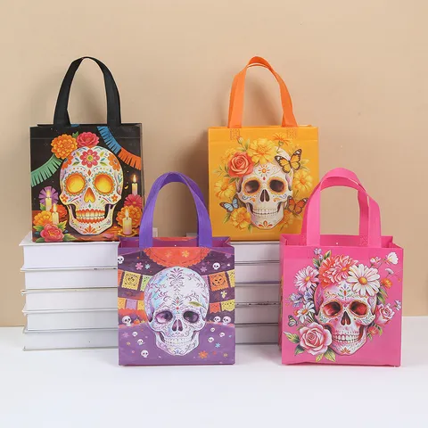 Halloween Day Of The Dead Skull Printed Non Woven Gift Bag Colorful Color Blocking Handheld Packaging Bag Party Decor