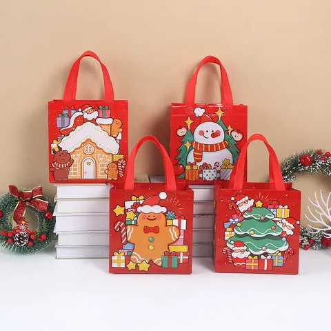 Bolsa de Regalo No Tejida con Tema Navideño Rojo Lindo Muñeco de Nieve Hombre de Jengibre Bolsa de Mano Suministros de Empaque de Regalo
