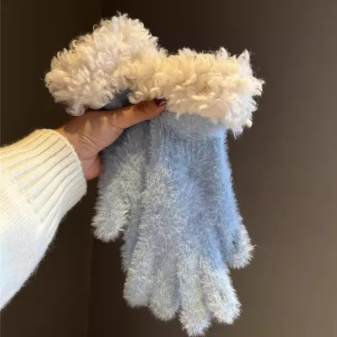 Women Winter Warm Plush Gloves Cute Korean Style Touch Screen Knit Mittens Soft Fuzzy Cuff Fleece Hand Wear Accessories