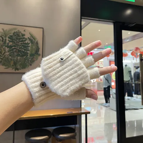 Gants Tricotés Demi-Doigts Rabat Chauds Hiver Femme Style Doux Mignons