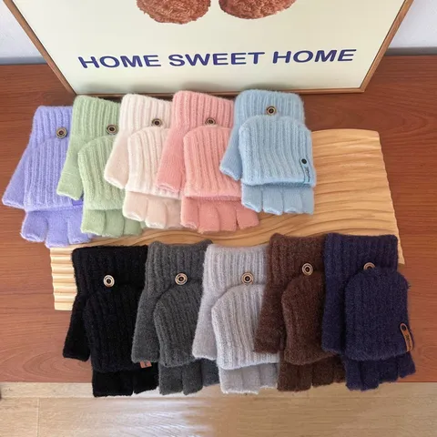Gants Tricotés Demi-Doigts Rabat Chauds Hiver Femme Style Doux Mignons