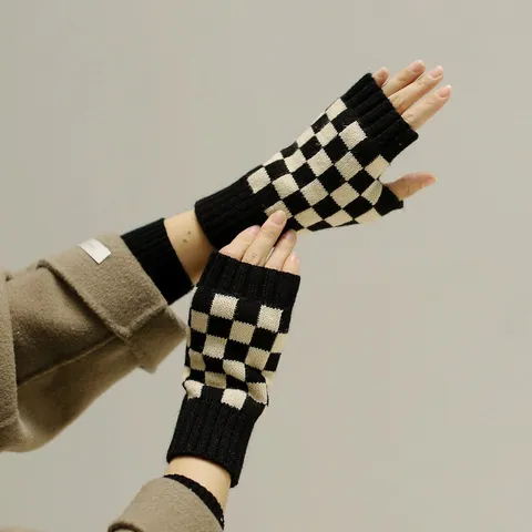 Damen Winter Warm Gestrickte Halbfinger Handschuhe Karomuster Kaschmirgefühl Fingerlose Handschuhe Stilvolle Schreib Handwärmer