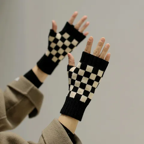 Damen Winter Warm Gestrickte Halbfinger Handschuhe Karomuster Kaschmirgefühl Fingerlose Handschuhe Stilvolle Schreib Handwärmer