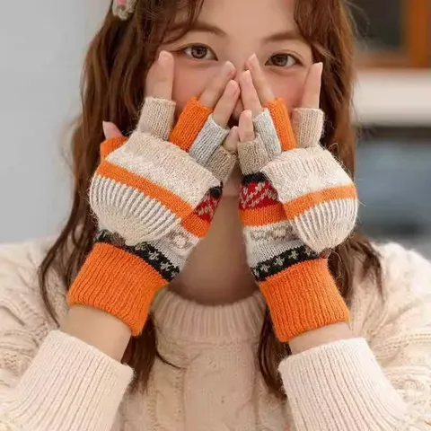 Gants Tricotés Thermiques Chauds pour Femmes en Hiver avec Doublure en Polaire et Motif Géométrique en Polyester pour Temps Froid