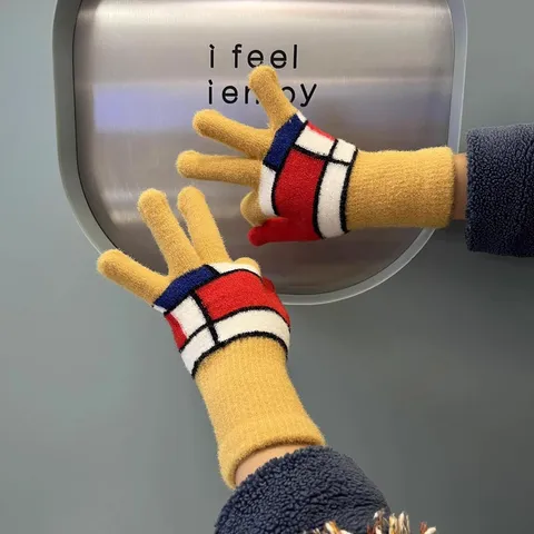 Women Winter Warm Gloves Knit Plush Color Block Fingerless Touch Screen Gloves For Cycling Daily Wear