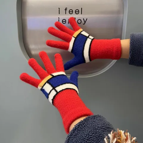 Women Winter Warm Gloves Knit Plush Color Block Fingerless Touch Screen Gloves For Cycling Daily Wear