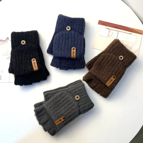 Gants Tricotés Chauds d'Hiver Hommes Femmes Rabat Convertible Demi-Doigt Tactile Cyclisme Polyester Gants