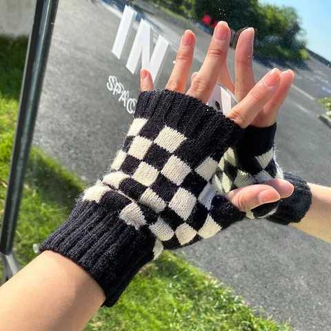 Gestrickte Schachbrett Halbfinger Handschuhe Winter Warm Paar Tippen Halbgeschnittene Handschuhe Mode Casual Handwärmer