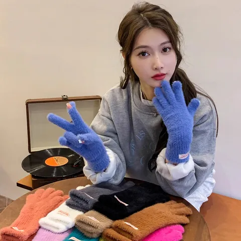 Mujeres Piel de Conejo Sintética Guantes Cálidos Invierno Lindo Dedo Dividido Pantalla Táctil Mitones Tejidos Protector