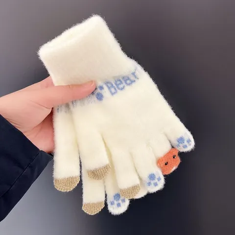 Gants Tricotés Chauds pour Femmes Hiver Mignon Ours Écran Tactile Doublés Polaire Épais Gants de Cyclisme Temps Froid