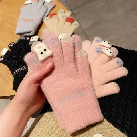 Gants Tricotés Chauds pour Femmes Hiver Mignon Ours Écran Tactile Doublés Polaire Épais Gants de Cyclisme Temps Froid