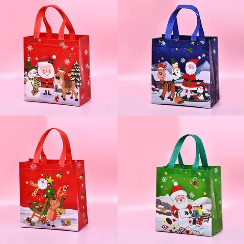 Bolsa de Regalo de Tela No Tejida con Papá Noel Muñeco de Nieve Alce de Navidad Impermeable Dibujos Animados Fiesta Festiva Embalaje Bolsa