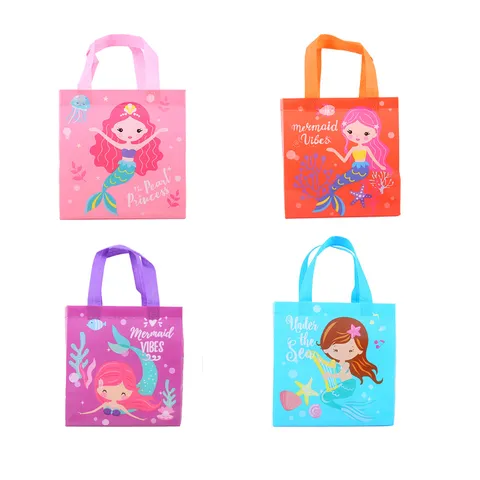 Sac Cadeau Non Tissé Princesse Sirène Sac à Main Laminé Imperméable Mignon Dessin Animé Fête d'Anniversaire Emballage Sac Pour Filles