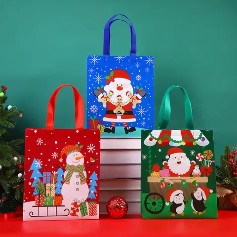 Bolsas de Regalo de Navidad de Tela No Tejida PP Plástico Reutilizables Bolsas de Mano Festivas Papá Noel Muñeco de Nieve