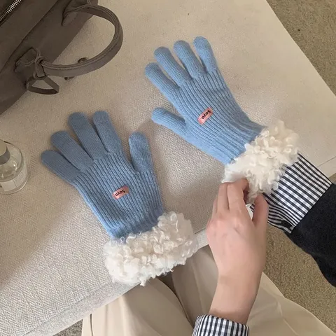 Gants Tricotés Chauds d'Hiver pour Femmes Garniture en Peluche Épaissis Écran Tactile Cinq Doigts Gants Thermiques