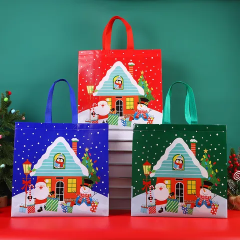 Christmas Non Woven Gift Packaging Bag Cartoon Santa Claus Tree Pattern Tote Shopping Bag For Holiday Party Gift