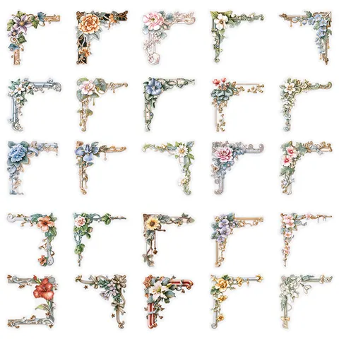 Retro Floral Picture Frame Stickers Vintage Literary Journal Scrapbook Deco Material PET Waterproof Stickers