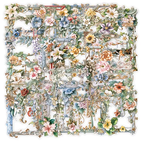 Retro Floral Picture Frame Stickers Vintage Literary Journal Scrapbook Deco Material PET Waterproof Stickers