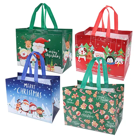 Cute Christmas Non Woven Gift Bags Santa Snowman Cartoon Holiday Present Packaging Waterproof Tote Bags